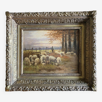 Impressionist painting "Shepherd and his sheep" 19th century signed Barbizon