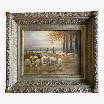 Tableau impressionniste "Berger se ses moutons" XIX° siècle signé Barbizon