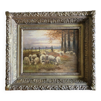 Impressionist painting "Shepherd and his sheep" 19th century signed Barbizon