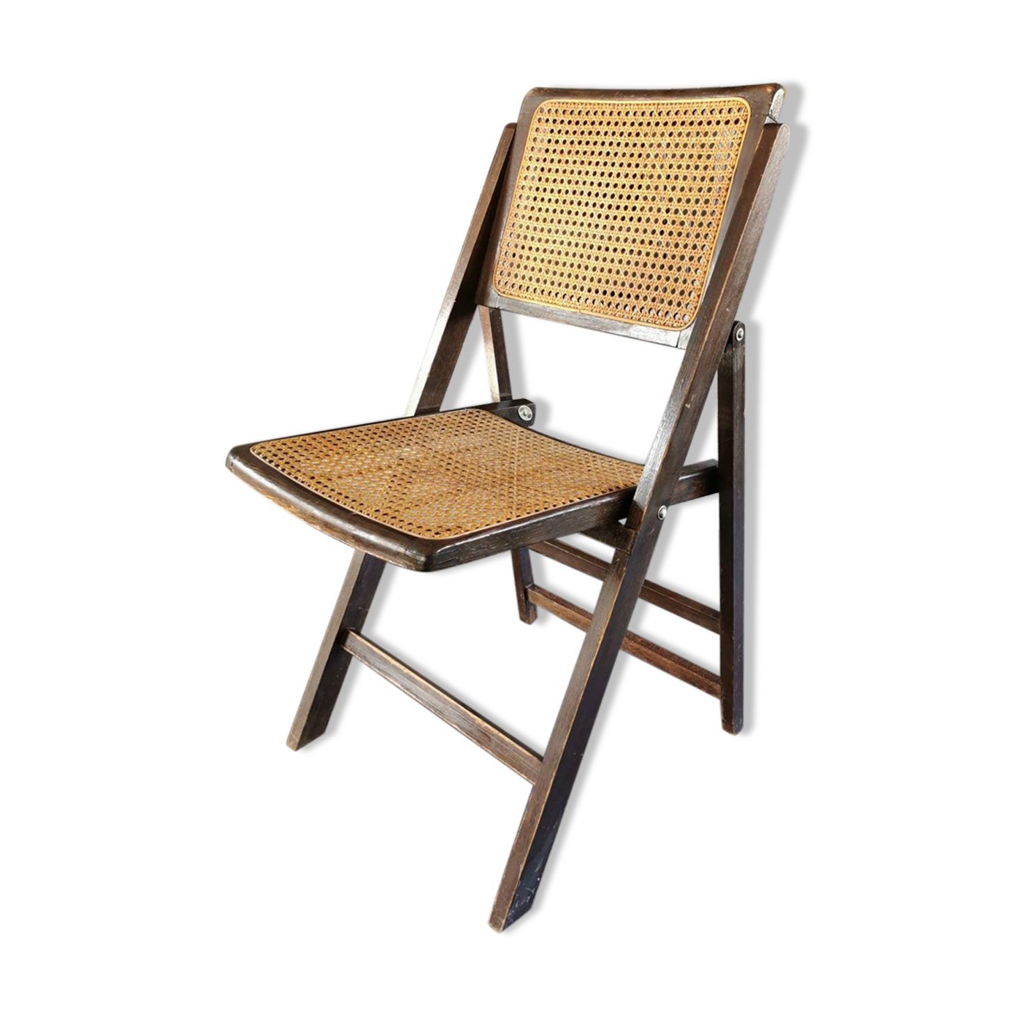 Vintage wooden folding chair with 1960 rattan seat and back
