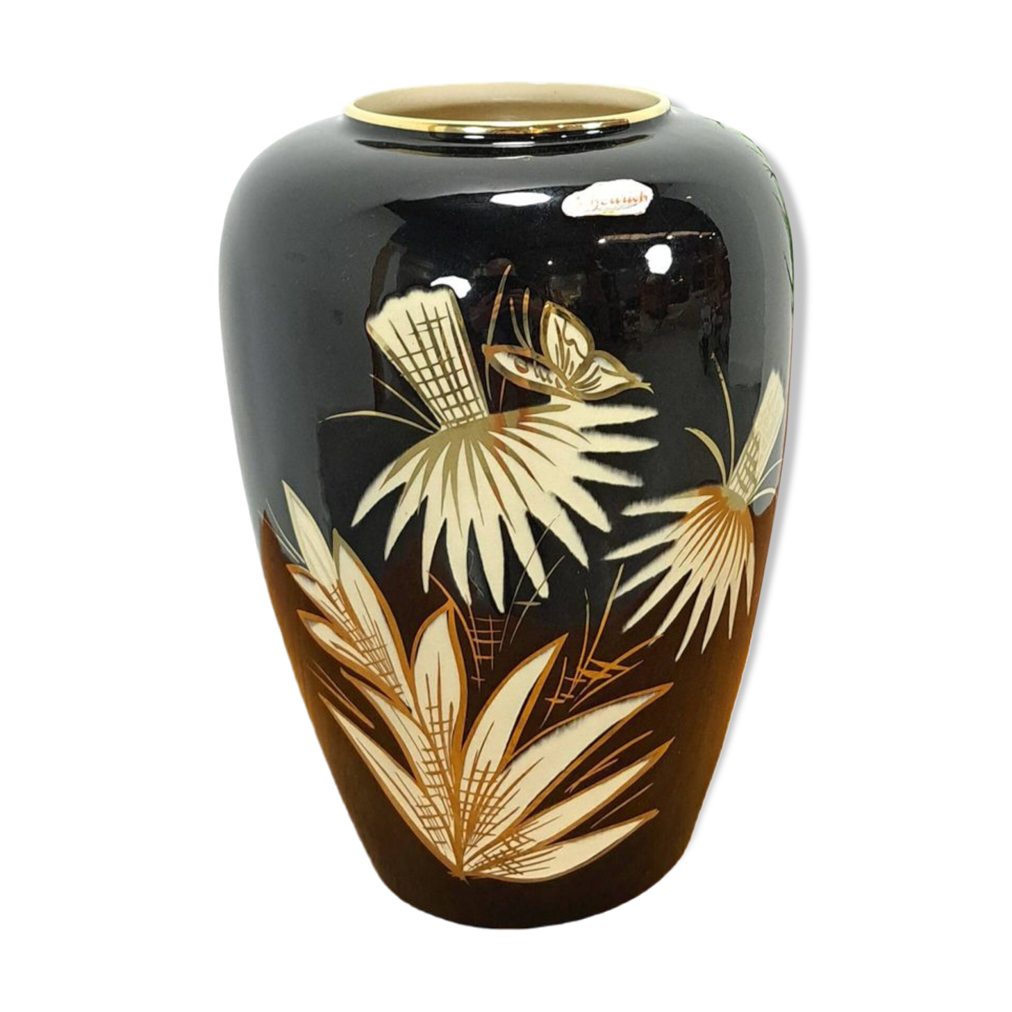 Porseleinen  vintage zwarte vaas Foreign, Scheurich, met gouden details en graan