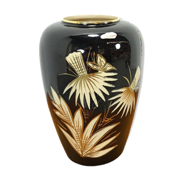 Porseleinen  vintage zwarte vaas Foreign, Scheurich, met gouden details en graan