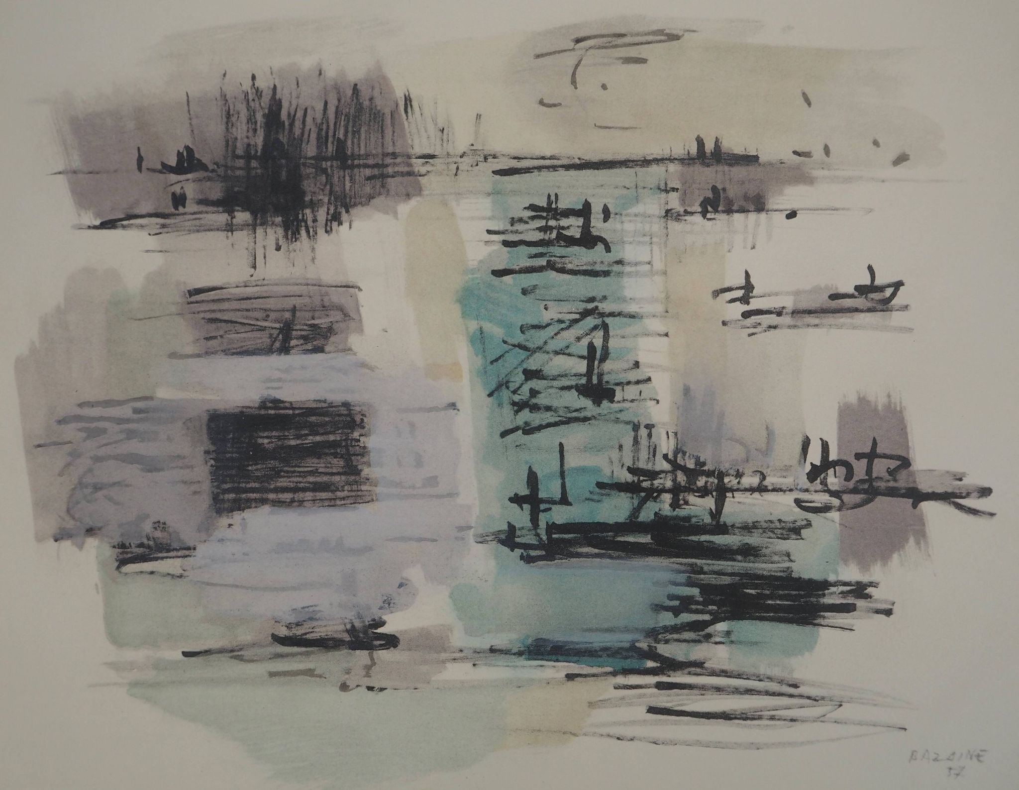 Jean rené bazaine: abstract composition - original signed lithograph