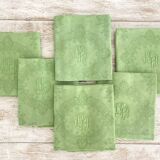 Set of 6 damask napkins, monogrammed MR - Métis - lime green