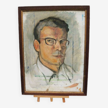 Old Oil Painting on Hardboard: Portrait of a Man with Glasses