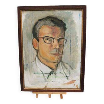 Ancien Tableau Huile sur Isorel : Portrait d'Homme à Lunettes