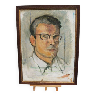 Old Oil Painting on Hardboard: Portrait of a Man with Glasses