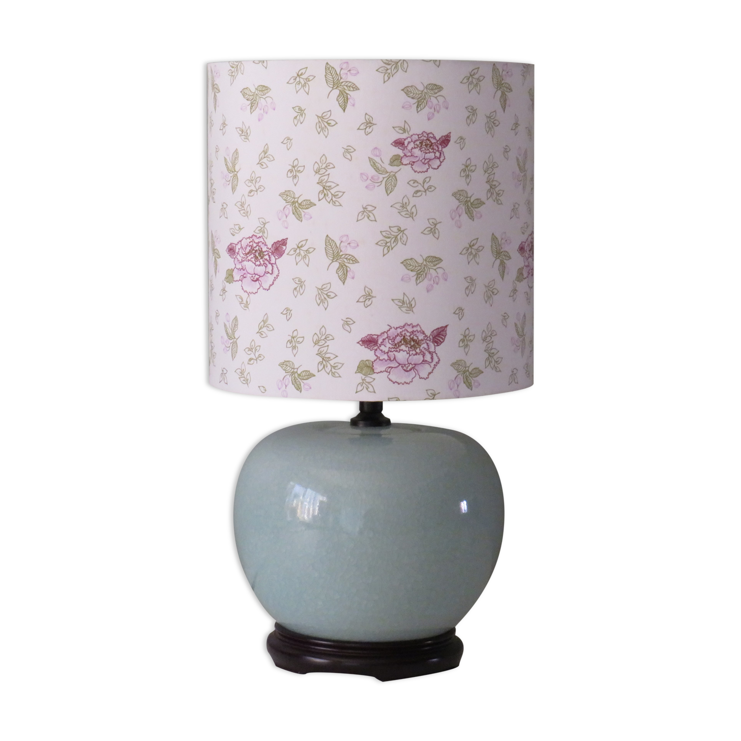 Celadon-colored cracked ceramic table lamp with new personalized lampshade.