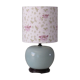 Celadon-colored cracked ceramic table lamp with new personalized lampshade.