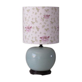 Celadon-colored cracked ceramic table lamp with new personalized lampshade.