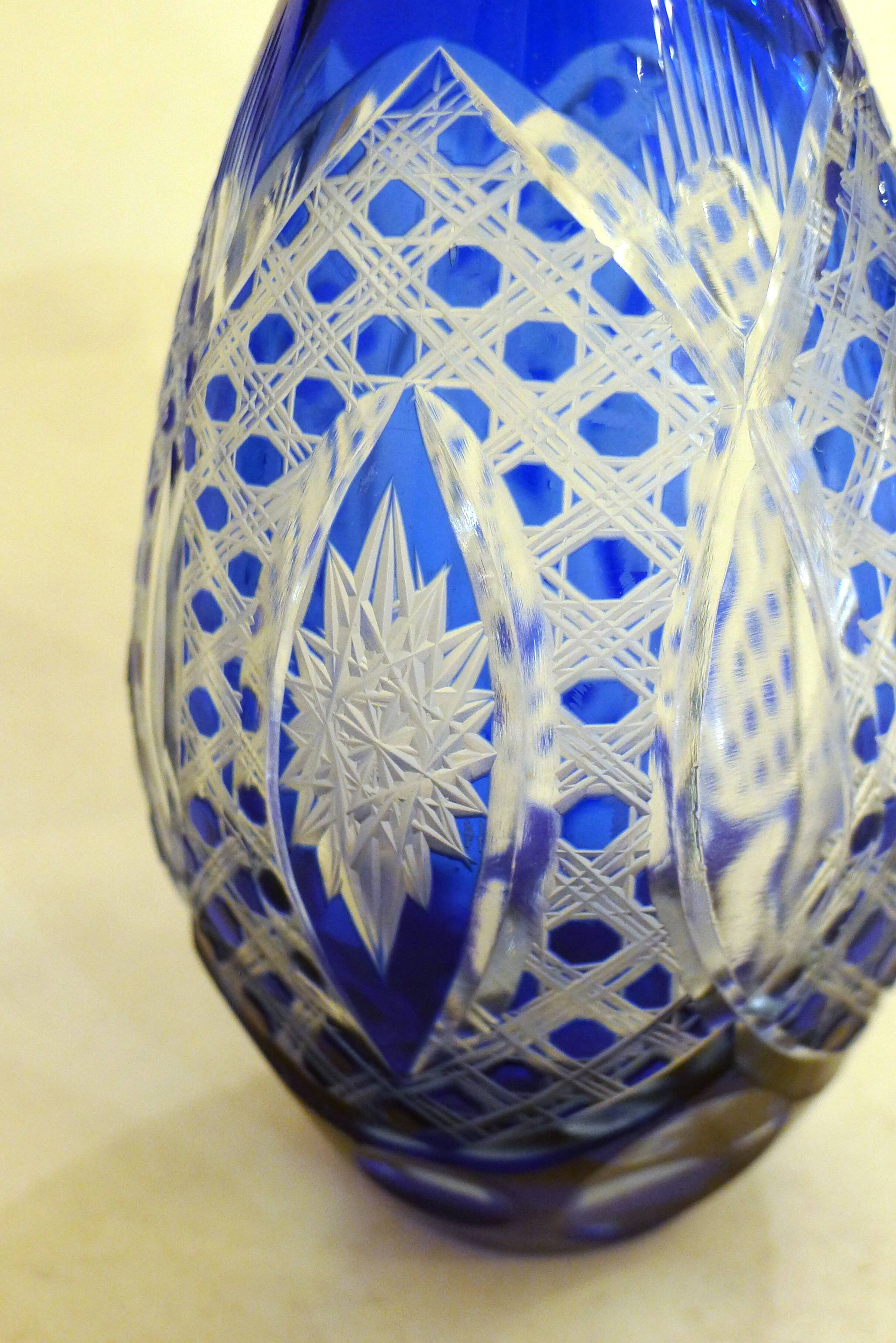 Small Bohemian crystal vase, cut with cobalt lining