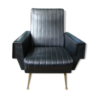 Fauteuil en skai noir vintage des années 70