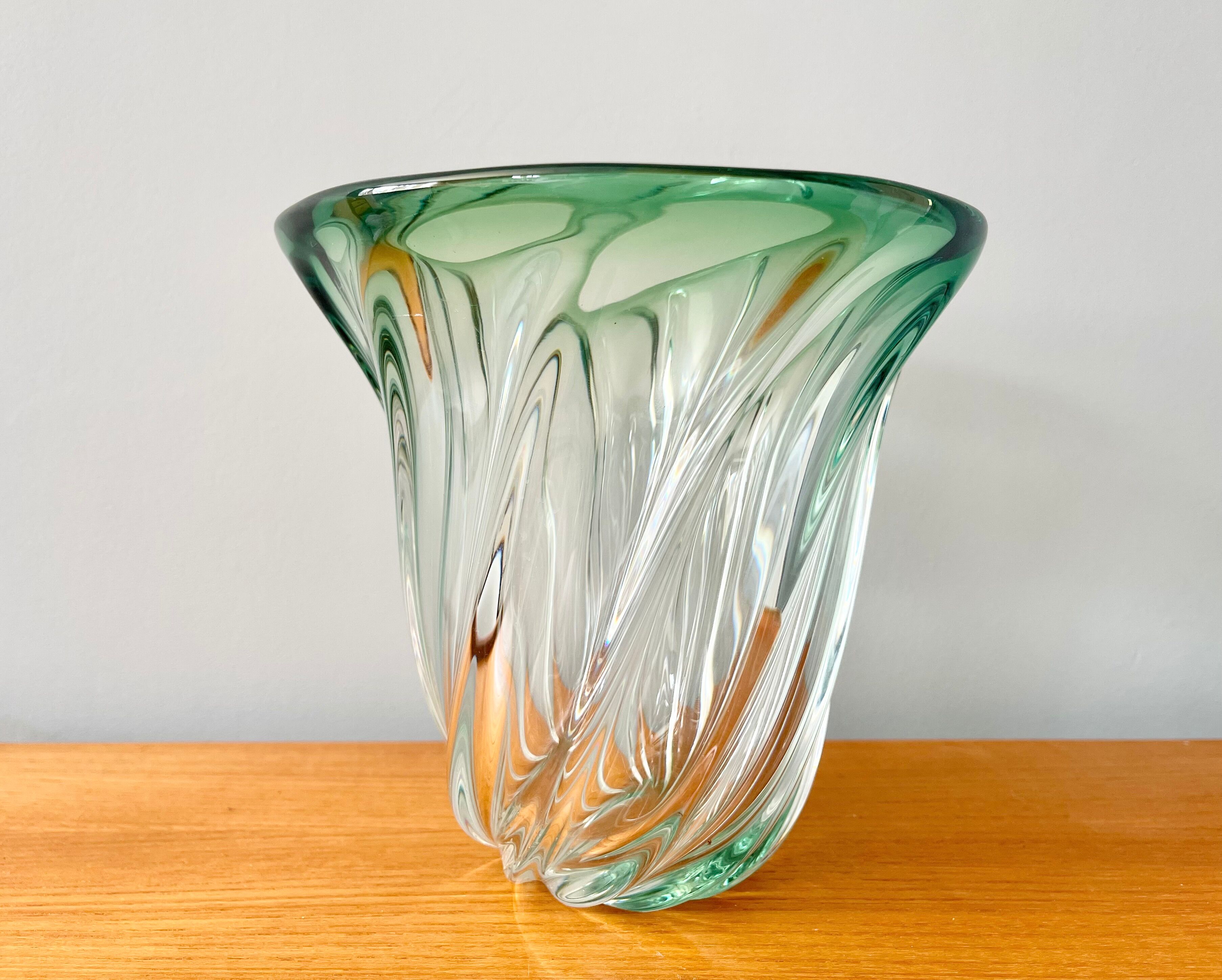 Val St Lambert Green Glass Vase from Belgium