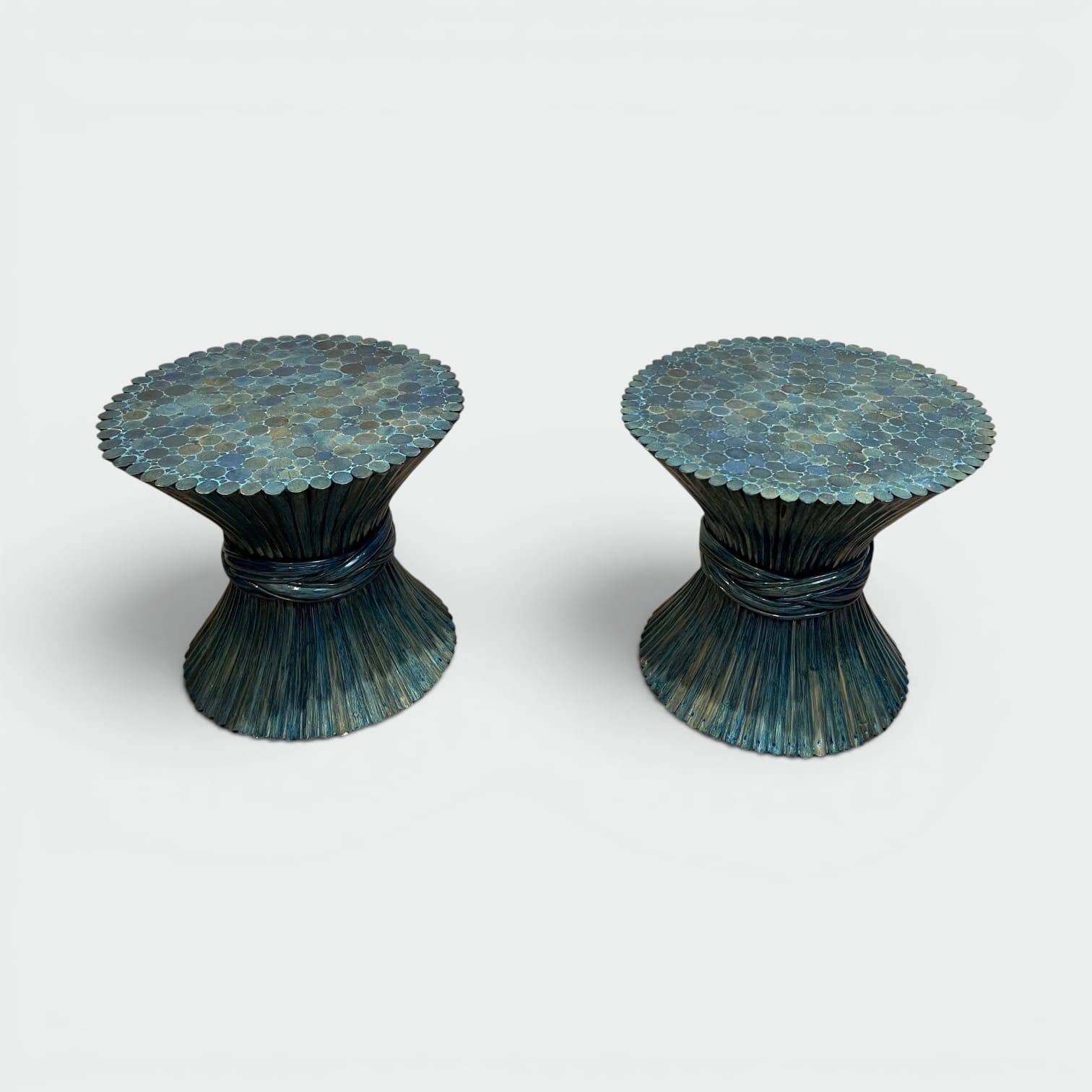 Pair of Bamboo Side Tables in the Shape of a Wheat Sheaf. Turquoise Lacquered.