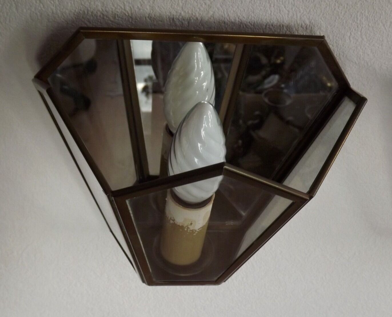 Matching pair french mid century copper & glass single light wall lanterns 3915