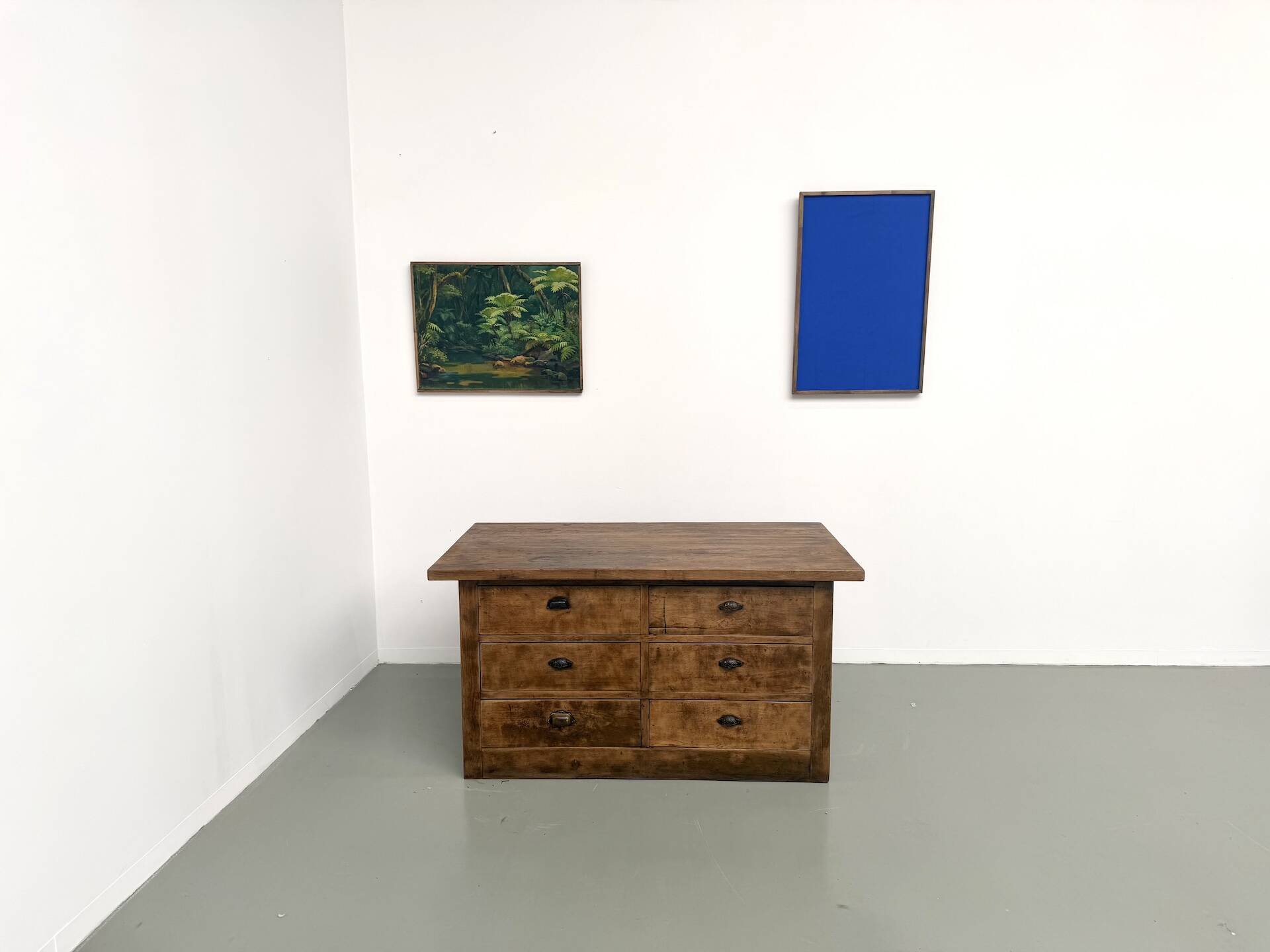 Solid oak trade counter, six drawers, France, circa 1920.