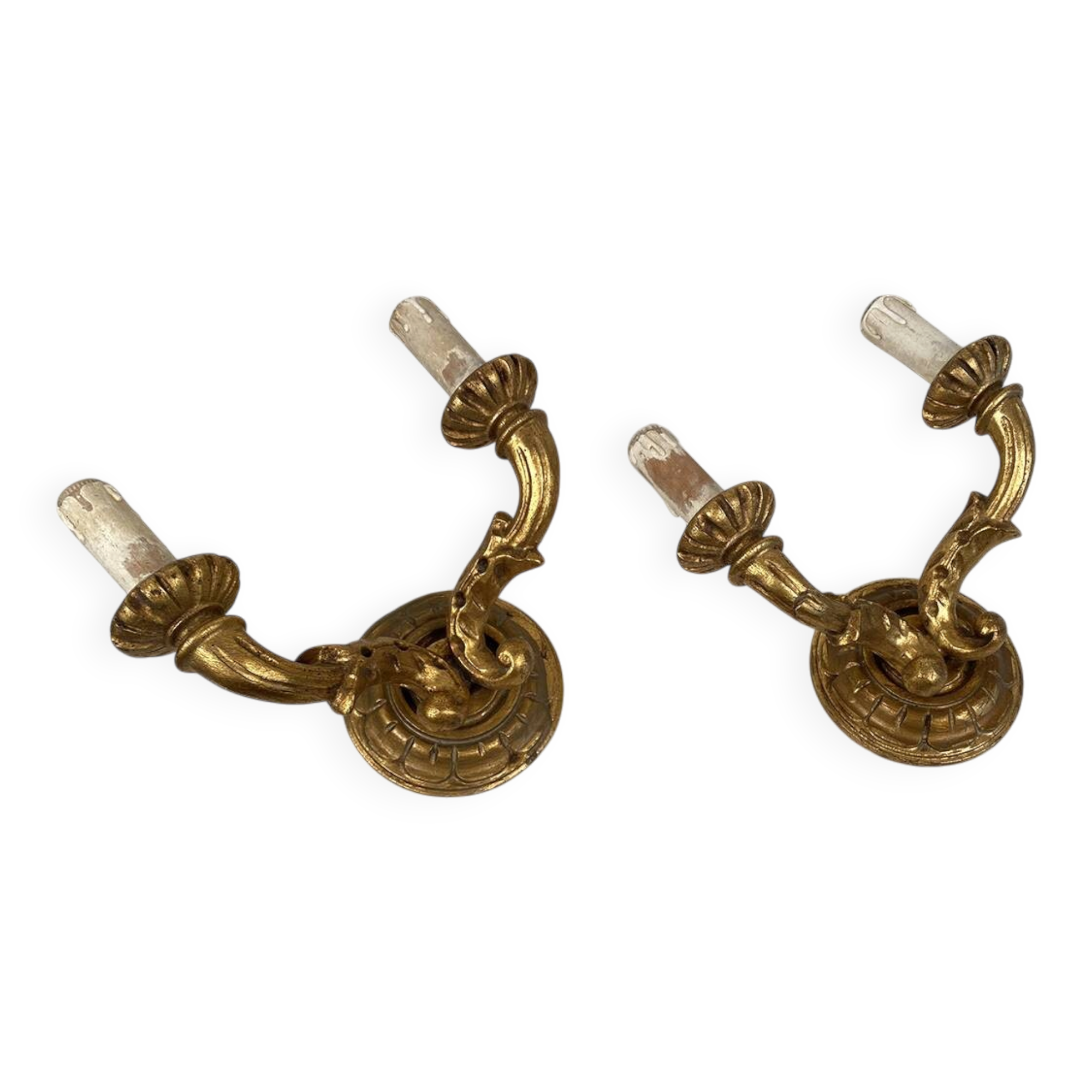 Pair of gilded wooden wall lights with two arms, early 20th century.