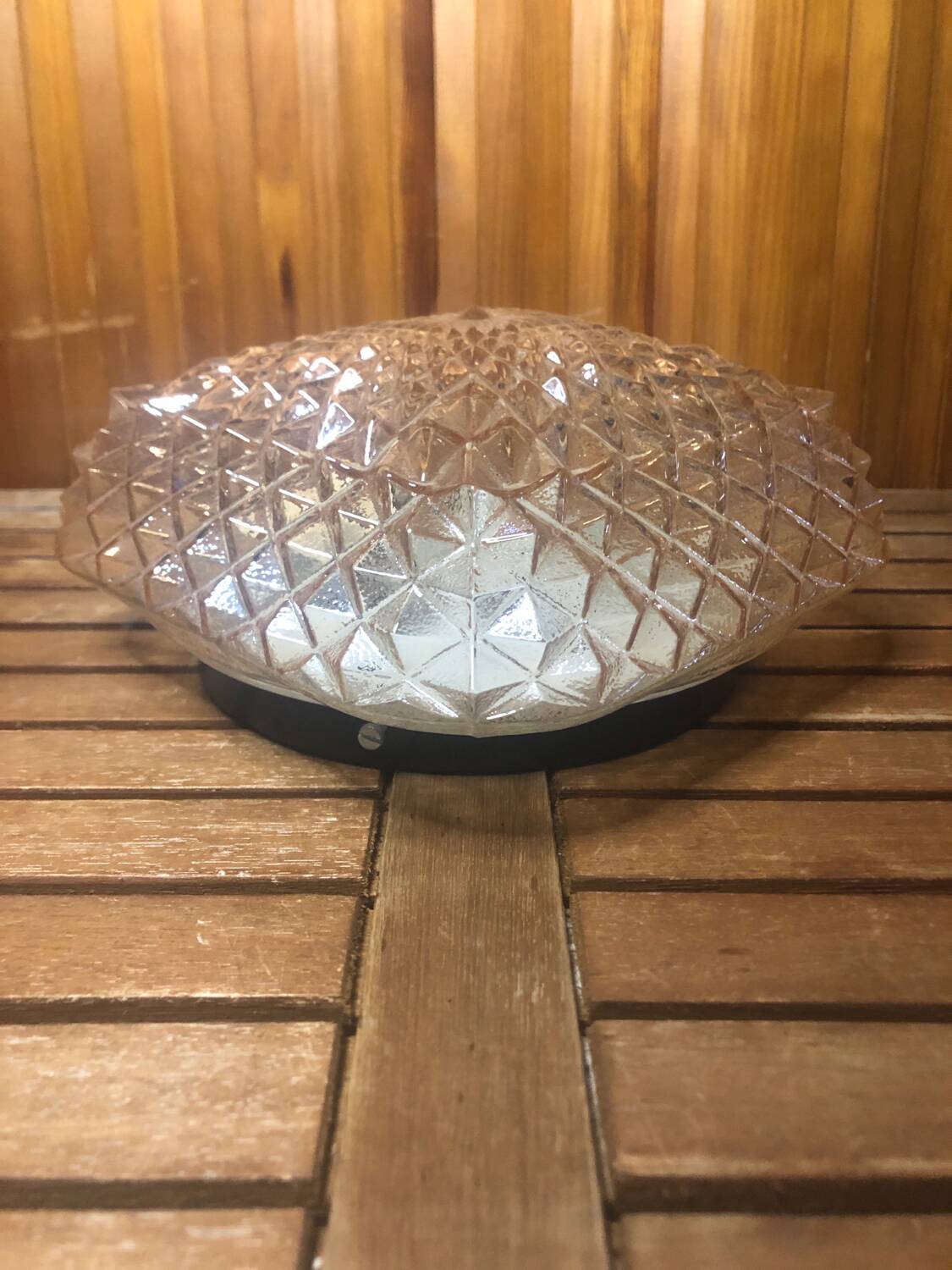 Old arlux pendant lamp gold molded glass + vintage black metal support