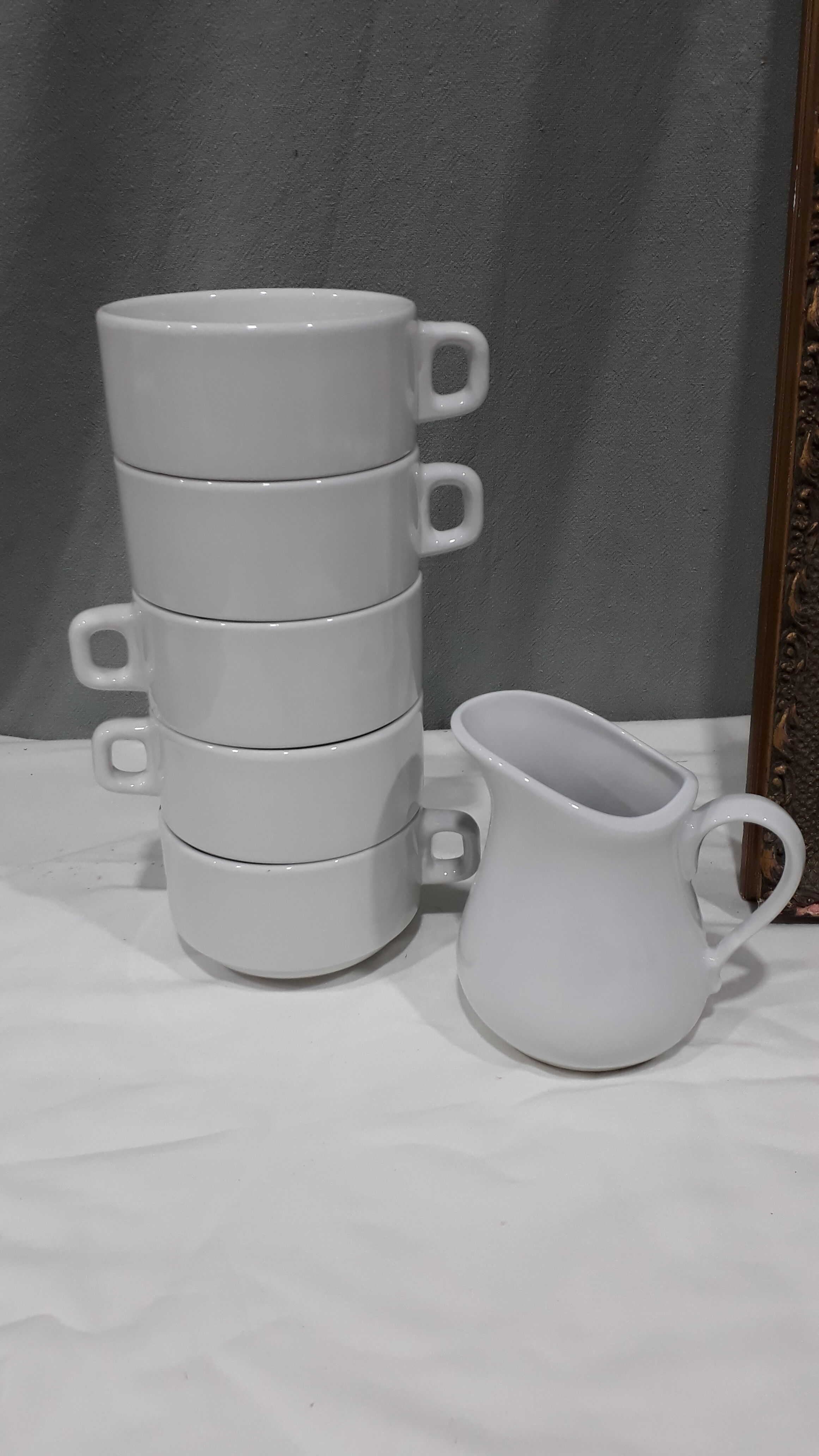 Coffee set 5 cups with Mehun white porcelain milk pitcher (France)