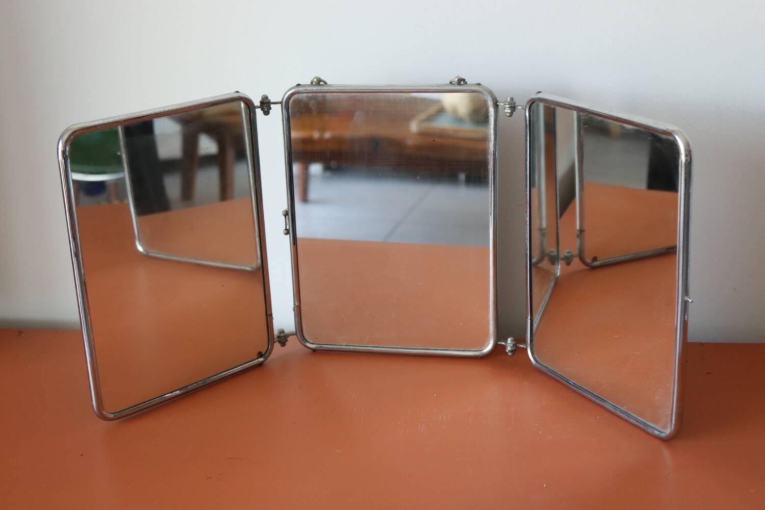 Antique triptych barber mirror