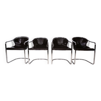 Ensemble de 4 chaises de salle à manger cantilever chromées attribuées à Gastone Rinaldi