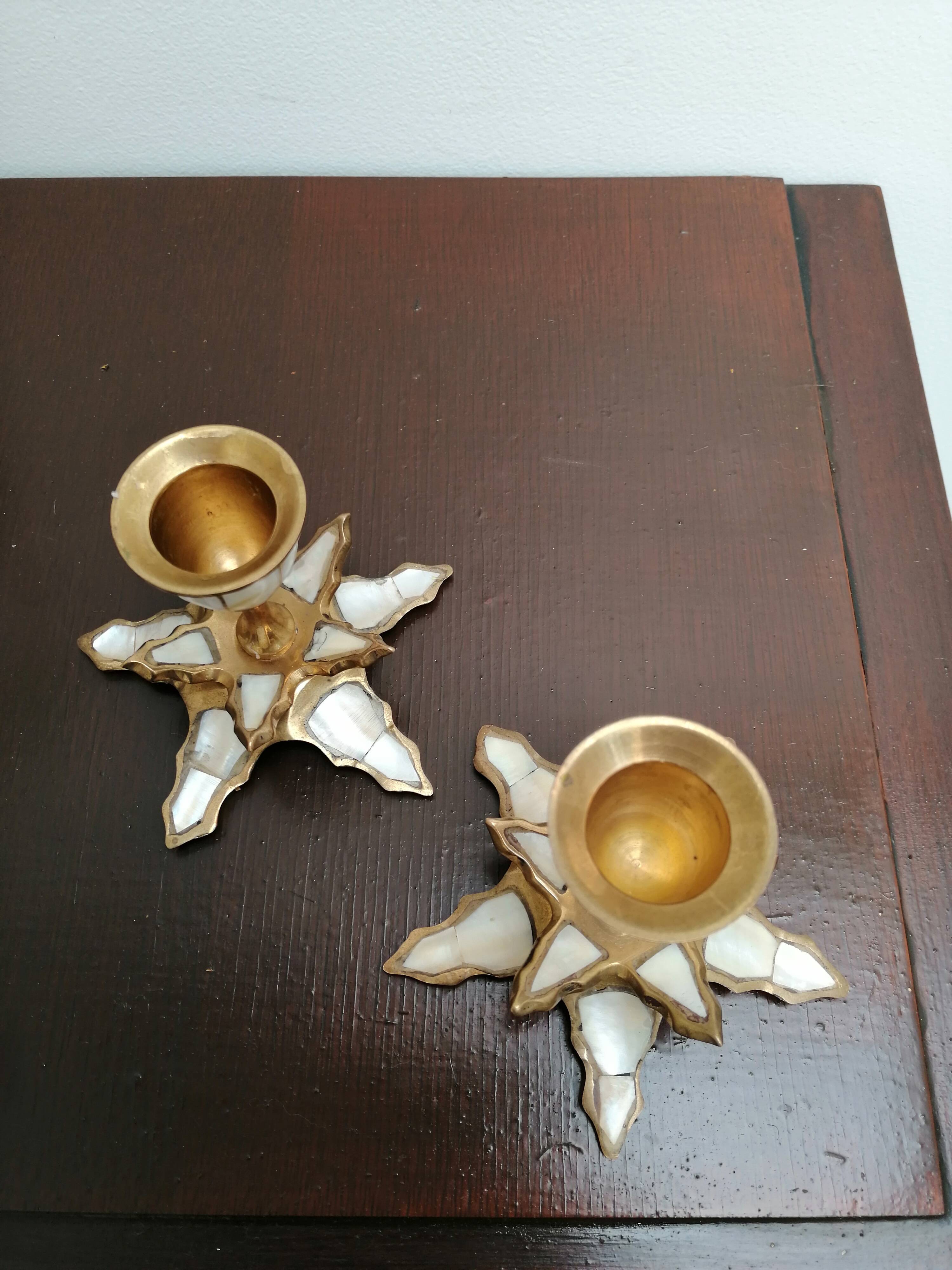 Bougeoirs palmiers nacre et laiton