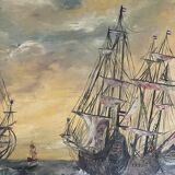 French oil painting on wood dutch 17th / early 18th century sailing ships in the sea storm