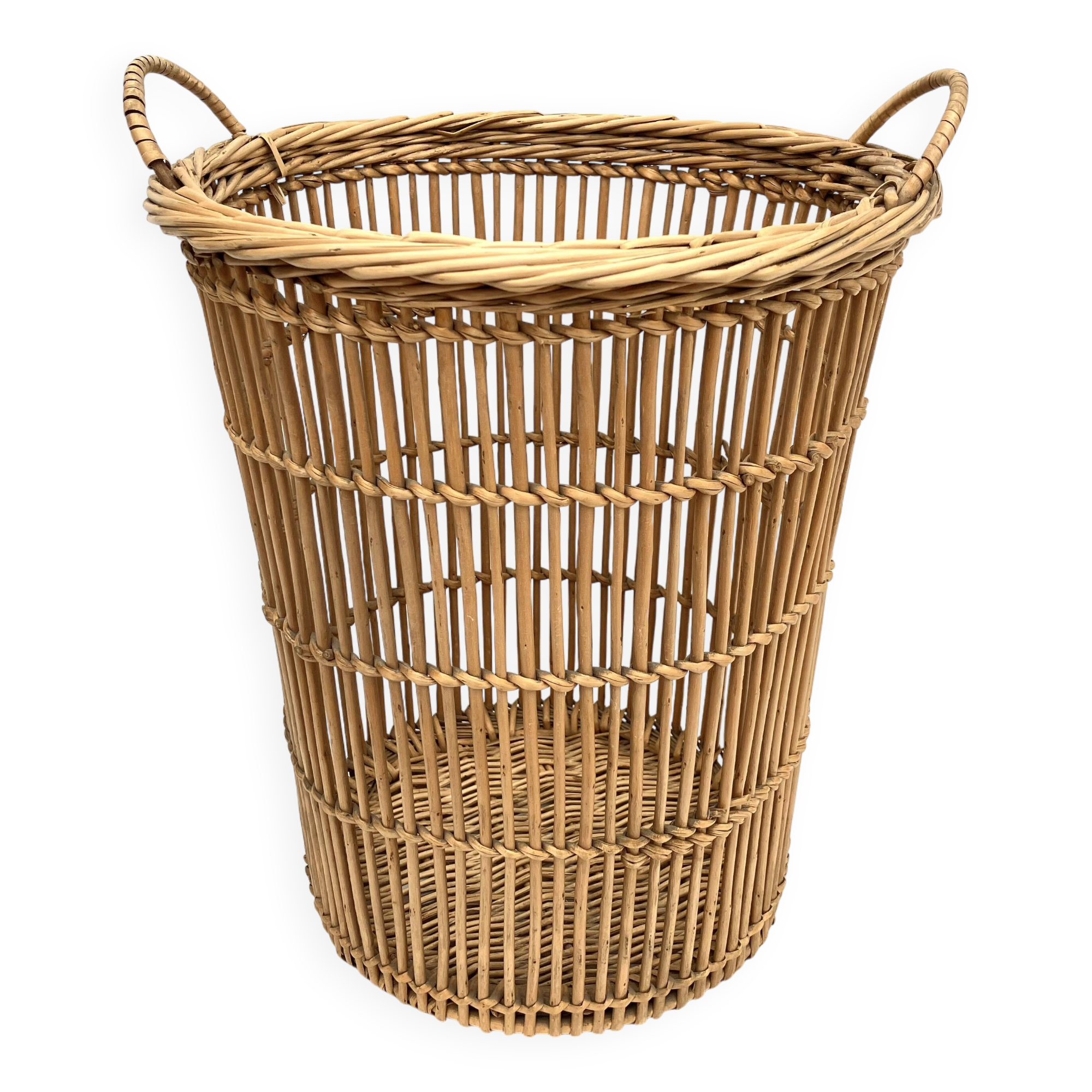 Ancienne corbeille/panière à papier en osier et rotin à 2 anses • Années 50 • Artisanale