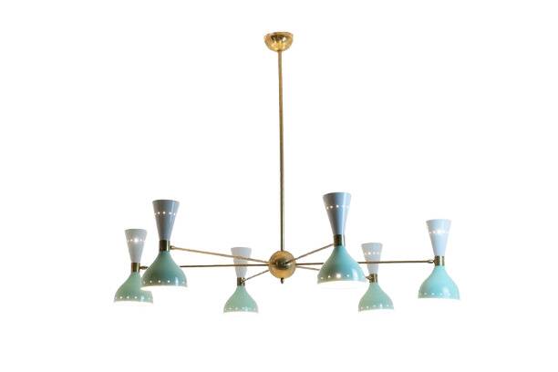 Radiant diablo-shaped chandelier with 12 lights. Contemporary.