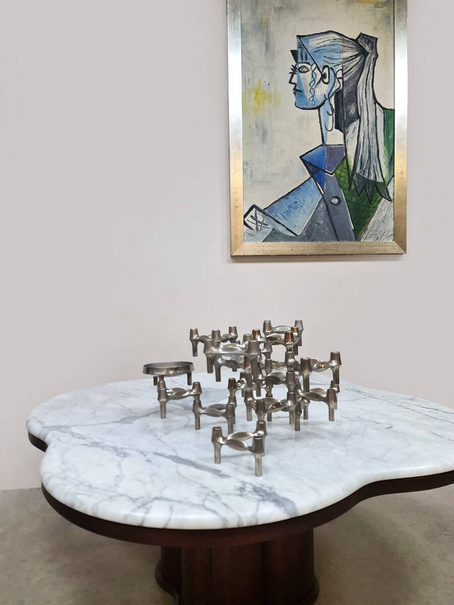 Midcentury travertine coffee table Jean Royère style