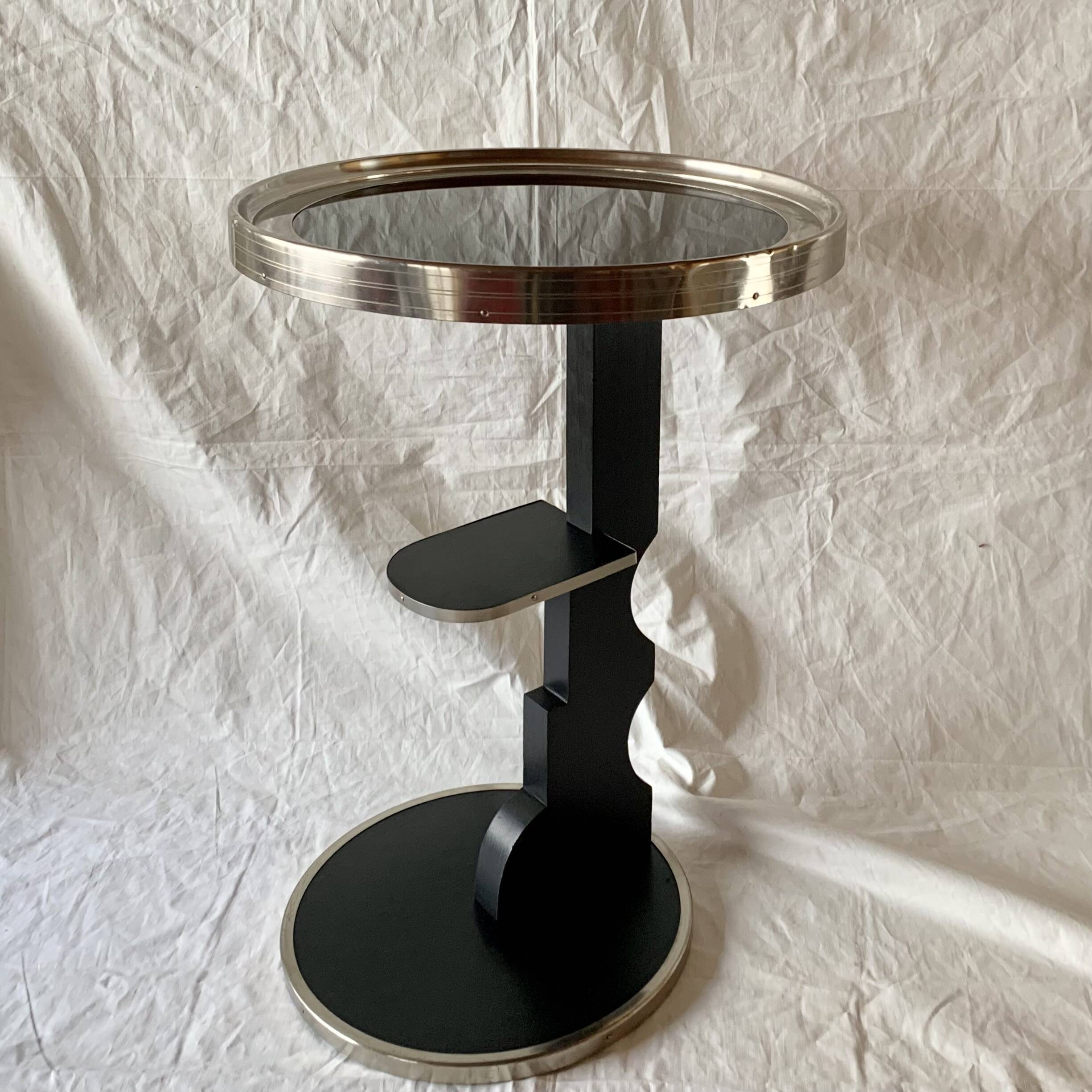 Vintage side table in glass, wood and aluminum