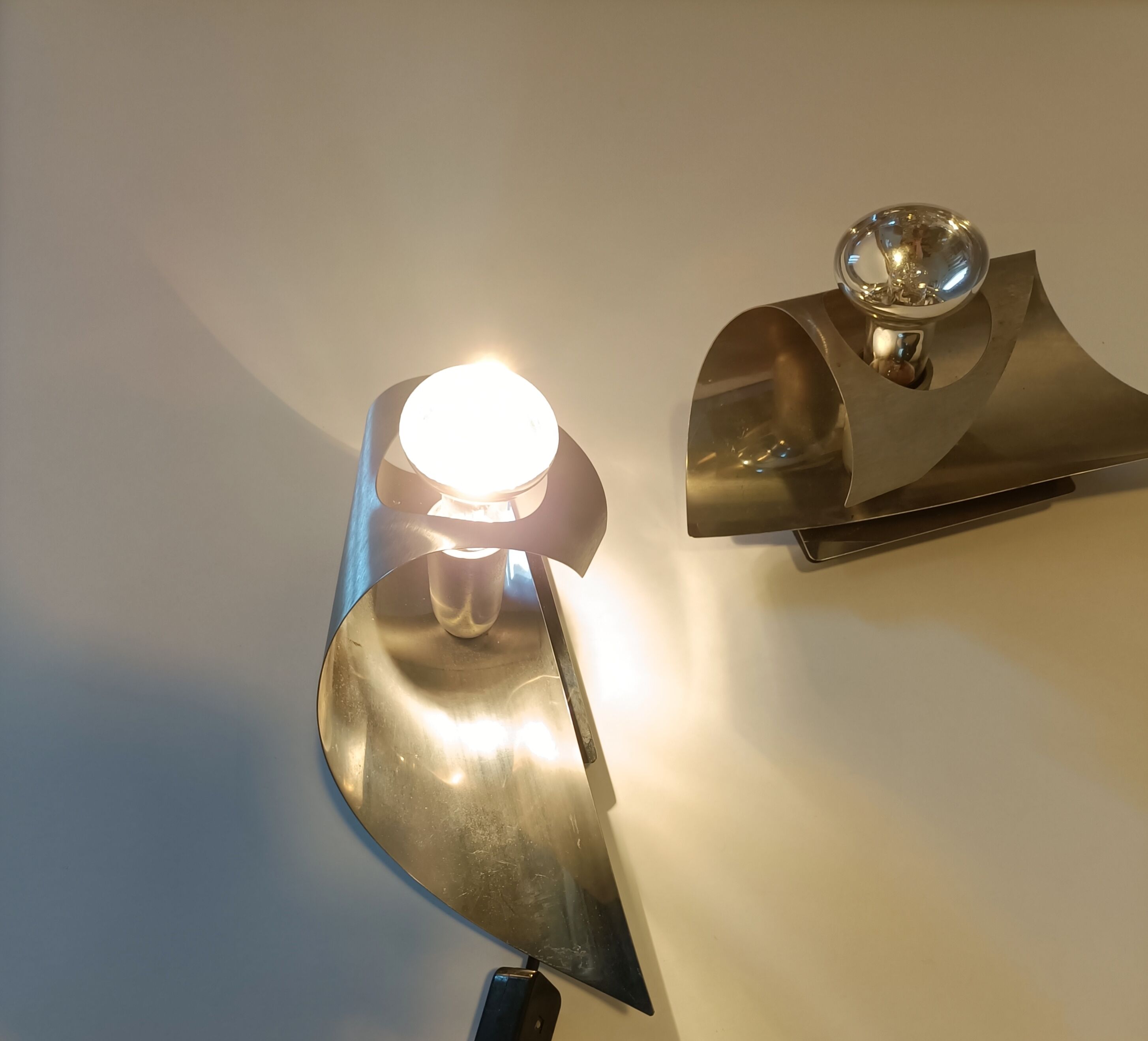 Pair of brushed aluminum sconces UFO 1970