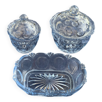 Lot consisting of 3 glassware, lavender blue, two jars with lids and a pocket emptier, vintage