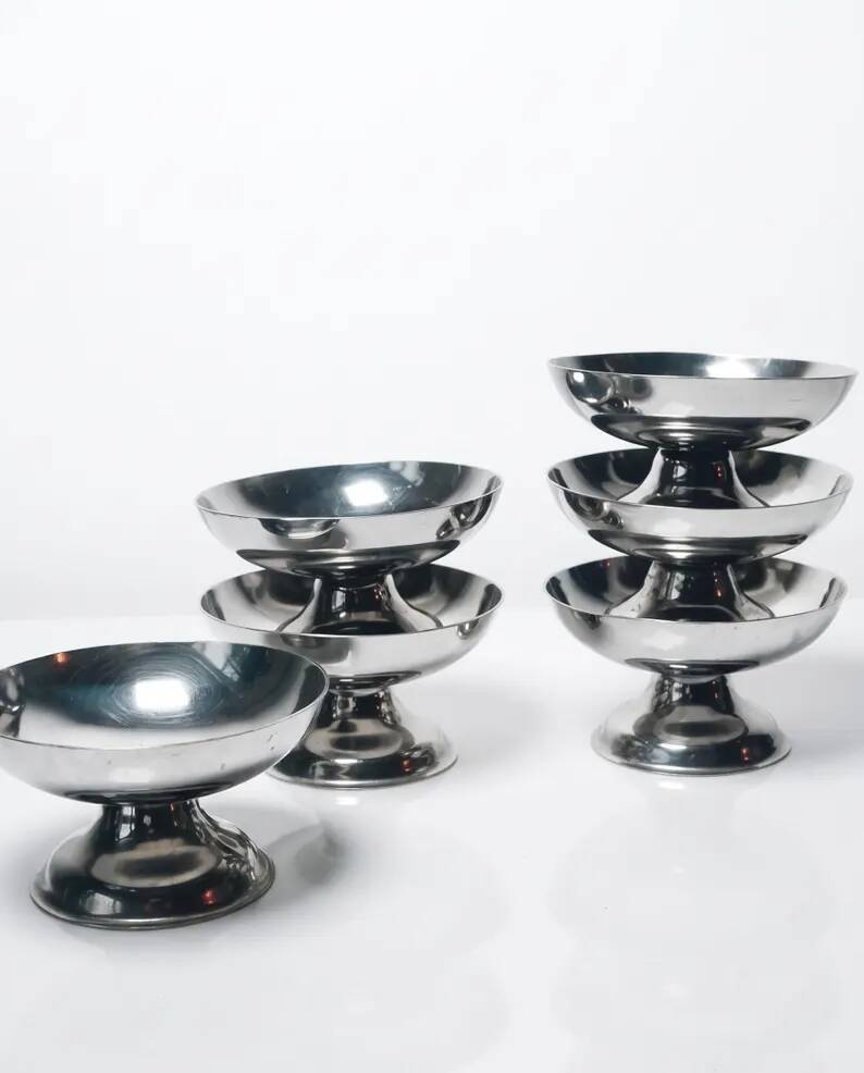 6 Vintage Stainless Steel Ice Cream Bowls | Antique Metal Sorbet Cups | Retro Design Ice Cream | Bistro Kitchen Table Decor | Gift Idea