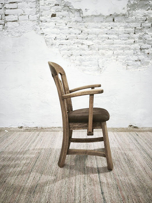 Dutch brutalist solid oak armchair with reupholstered leather seat, 1970s