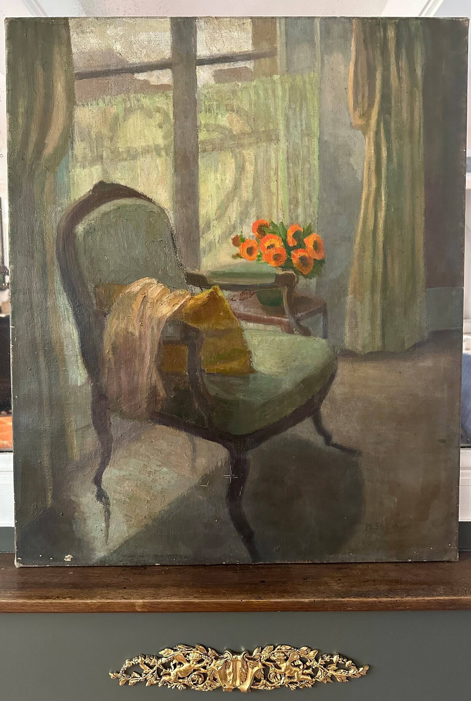 Old painting 1950 interior scene oil on canvas green armchair signed