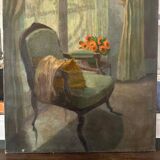 Old painting 1950 interior scene oil on canvas green armchair signed