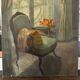 Old painting 1950 interior scene oil on canvas green armchair signed