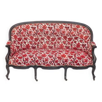 Carved wooden bench, silk velvet, 1930