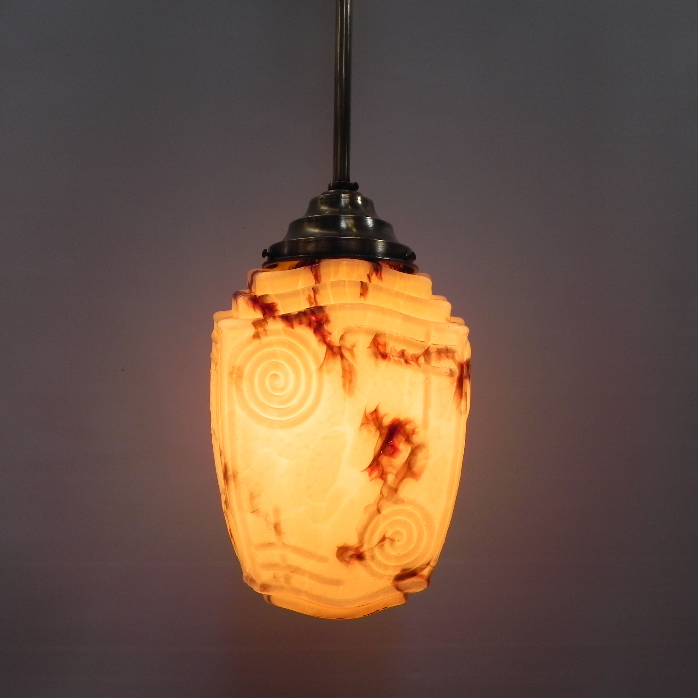 Art deco hanging lamp with marbled glass shade