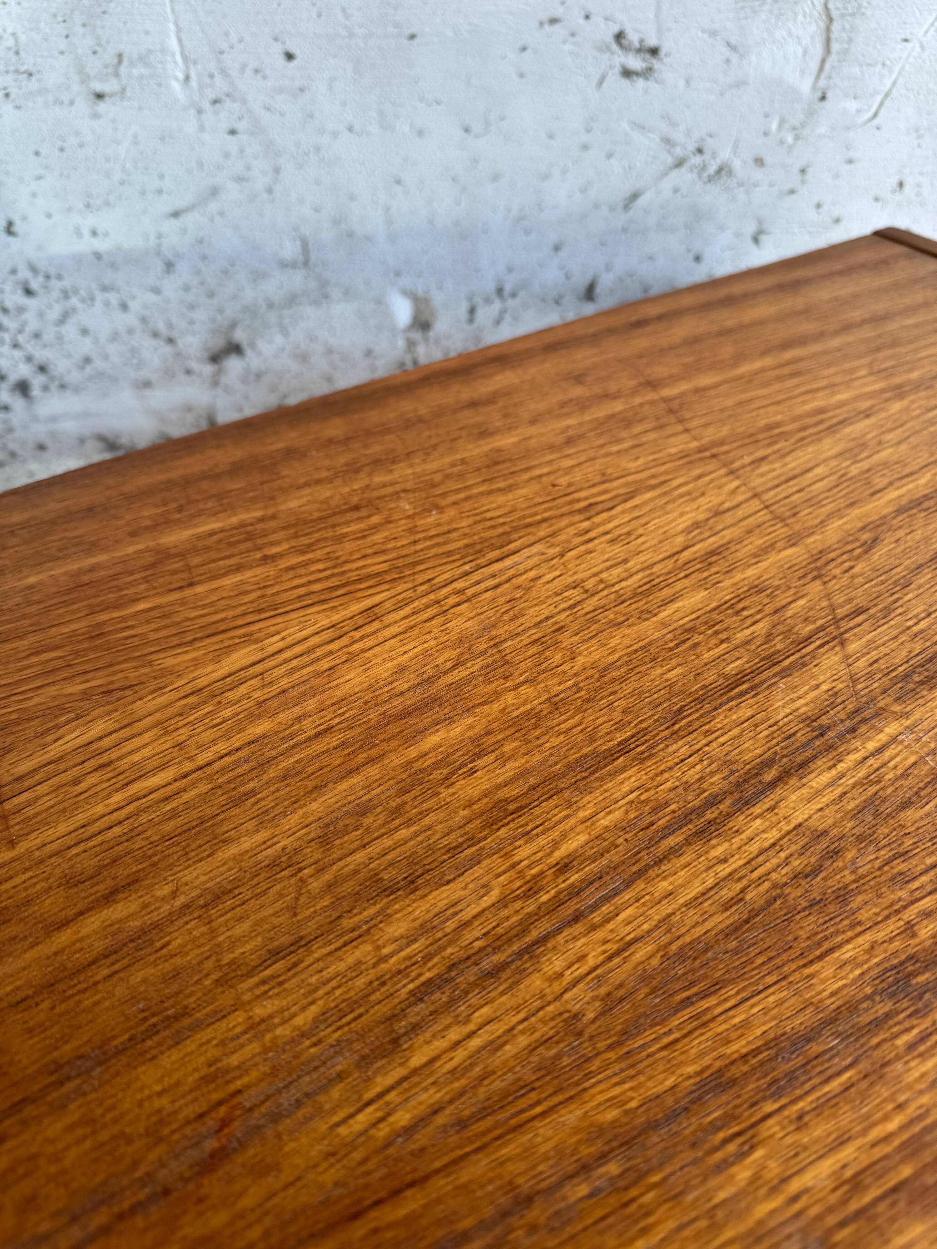Low Danish Teak Cabinet by Millenium Design — Warm Teak Veneer, Two Drawers, Tapered Legs