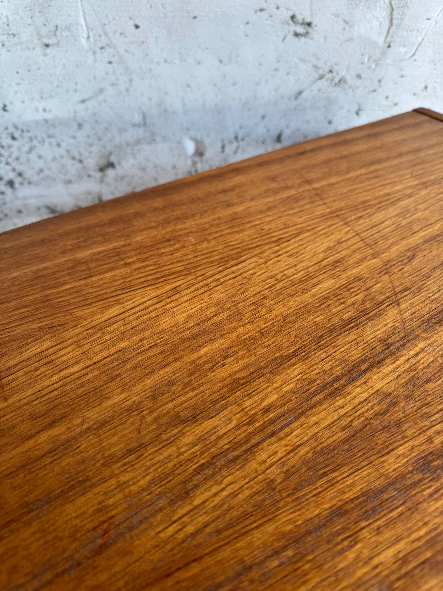Low Danish Teak Cabinet by Millenium Design — Warm Teak Veneer, Two Drawers, Tapered Legs