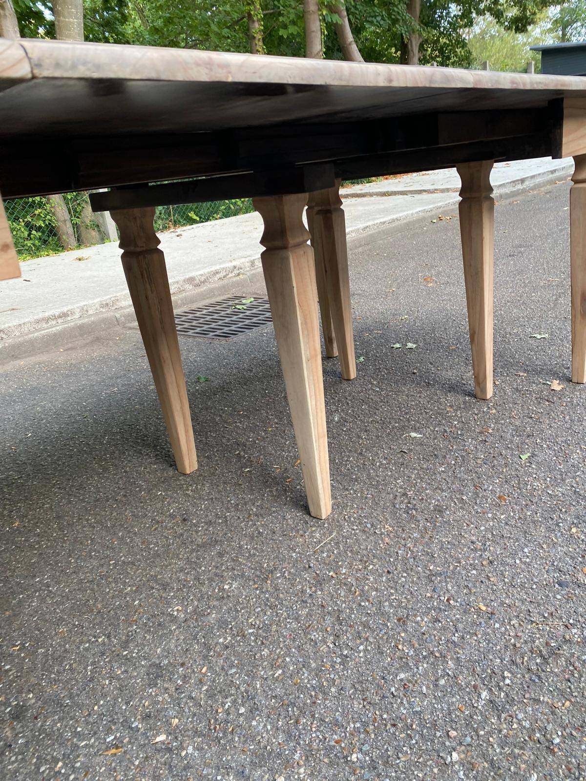 Renovated square extendable dining table in raw solid cherry wood, Louis XVI style.