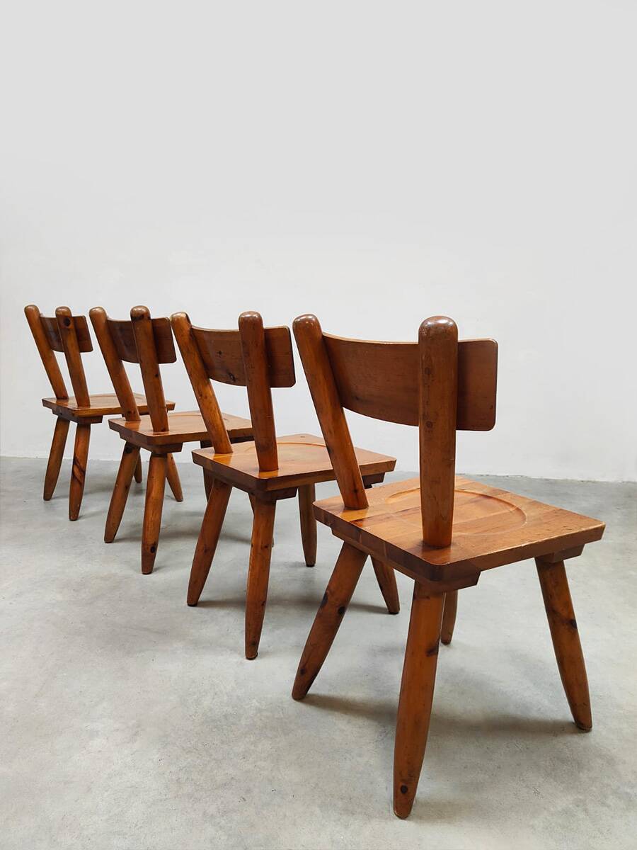 Vintage brutalist wooden dining set chairs & table 1970