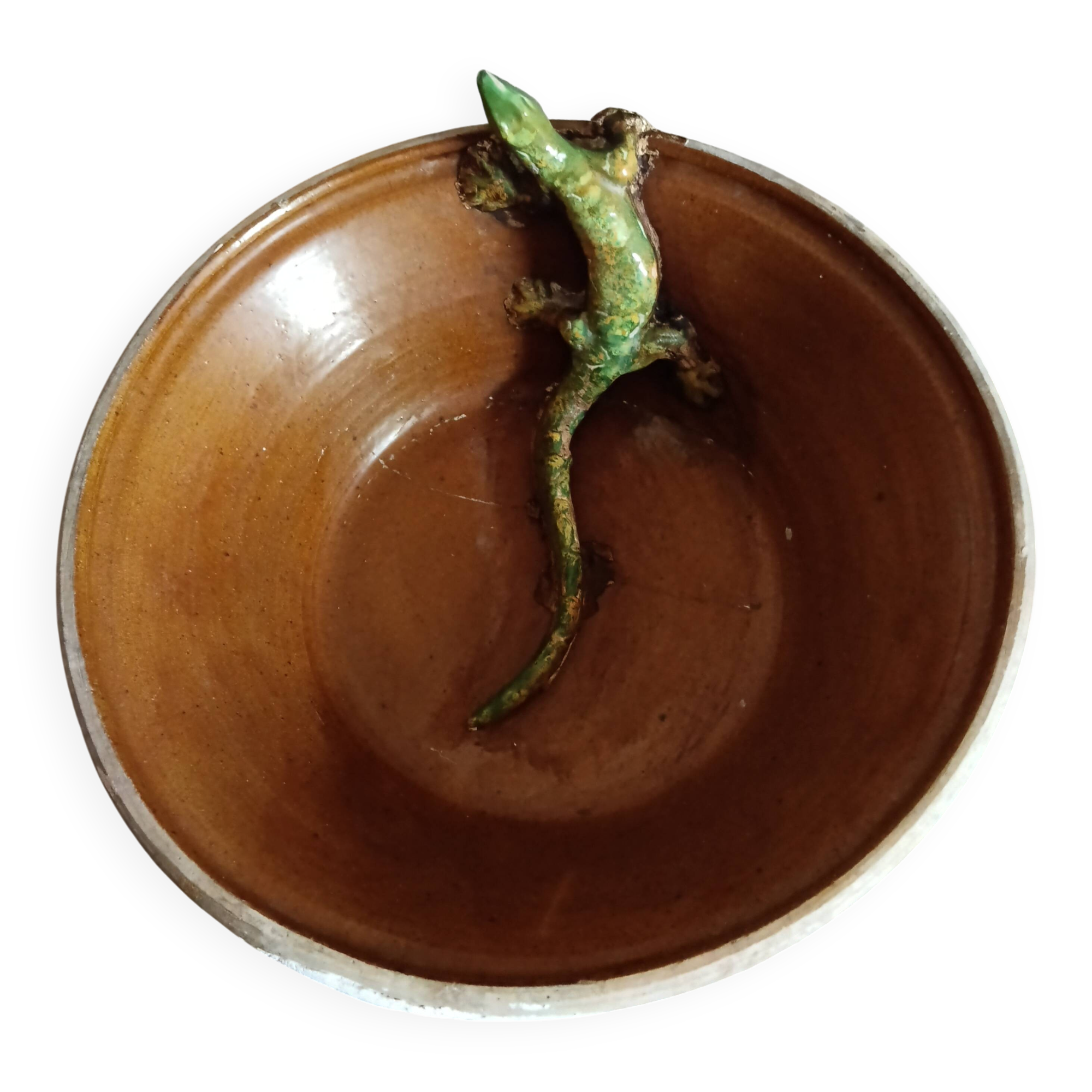 Coupe/vasque en terre cuite vermissee a decor lezard salamandre