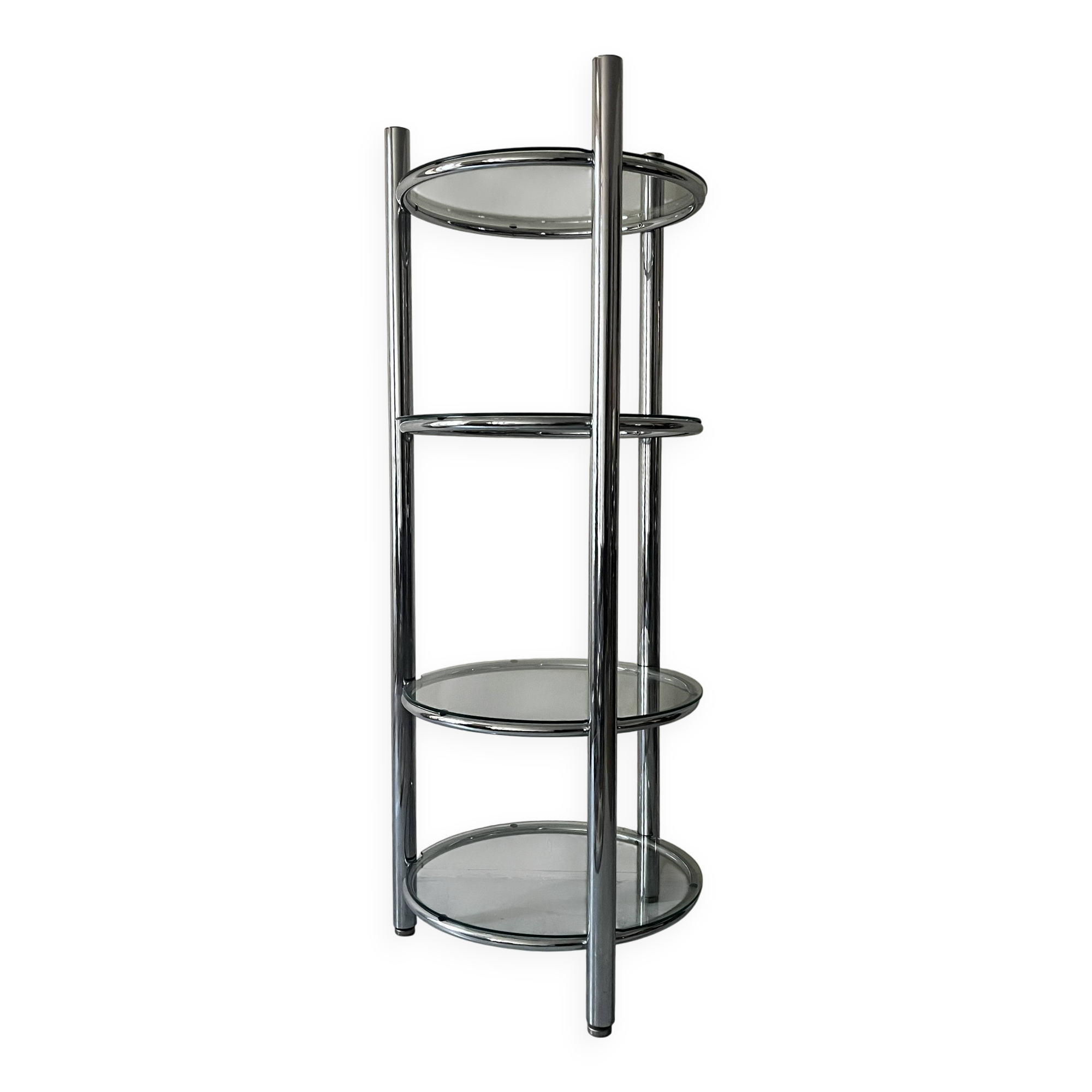 Round tubular bookcase in chrome and glass, 1970 design