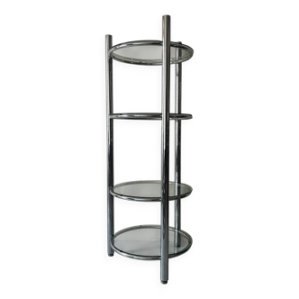Round tubular bookcase in chrome and glass, 1970 design