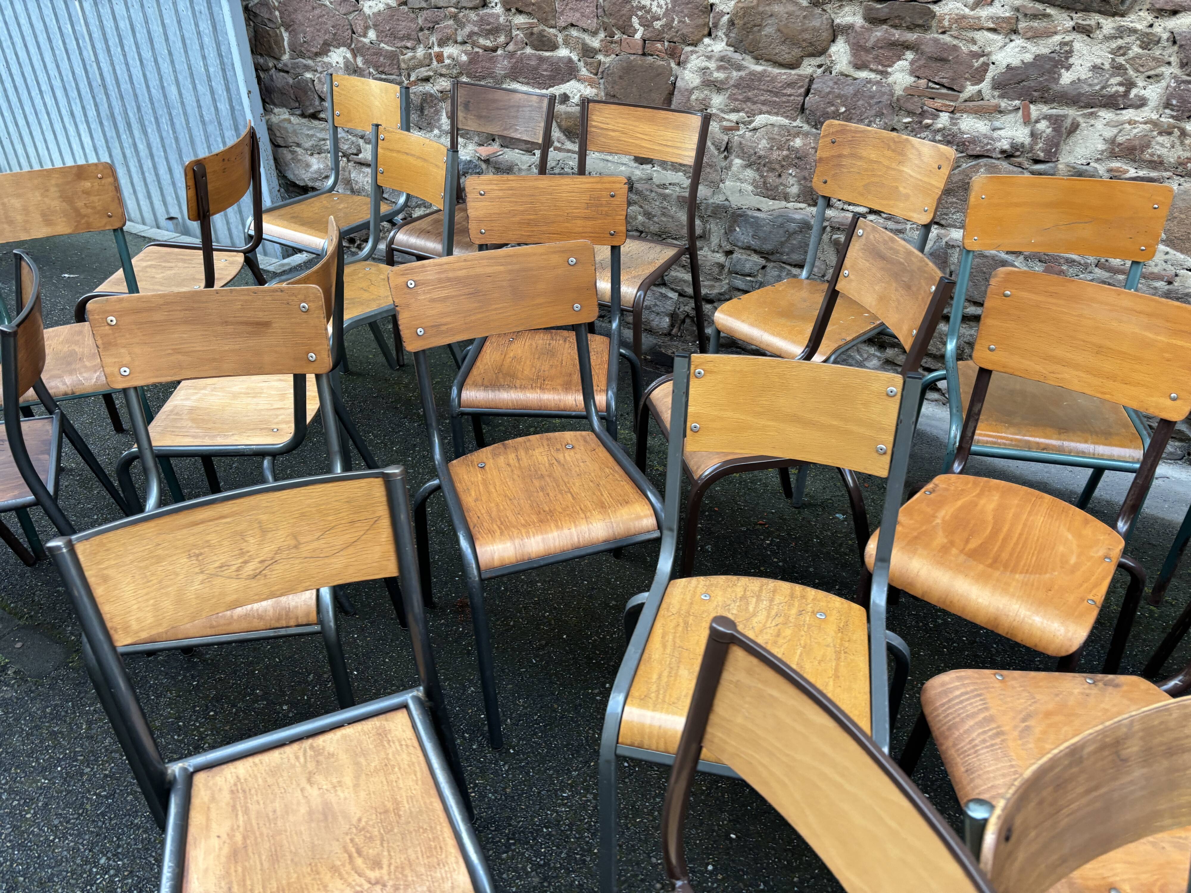 30 mismatched vintage industrial school chairs MULLCA tube & wood