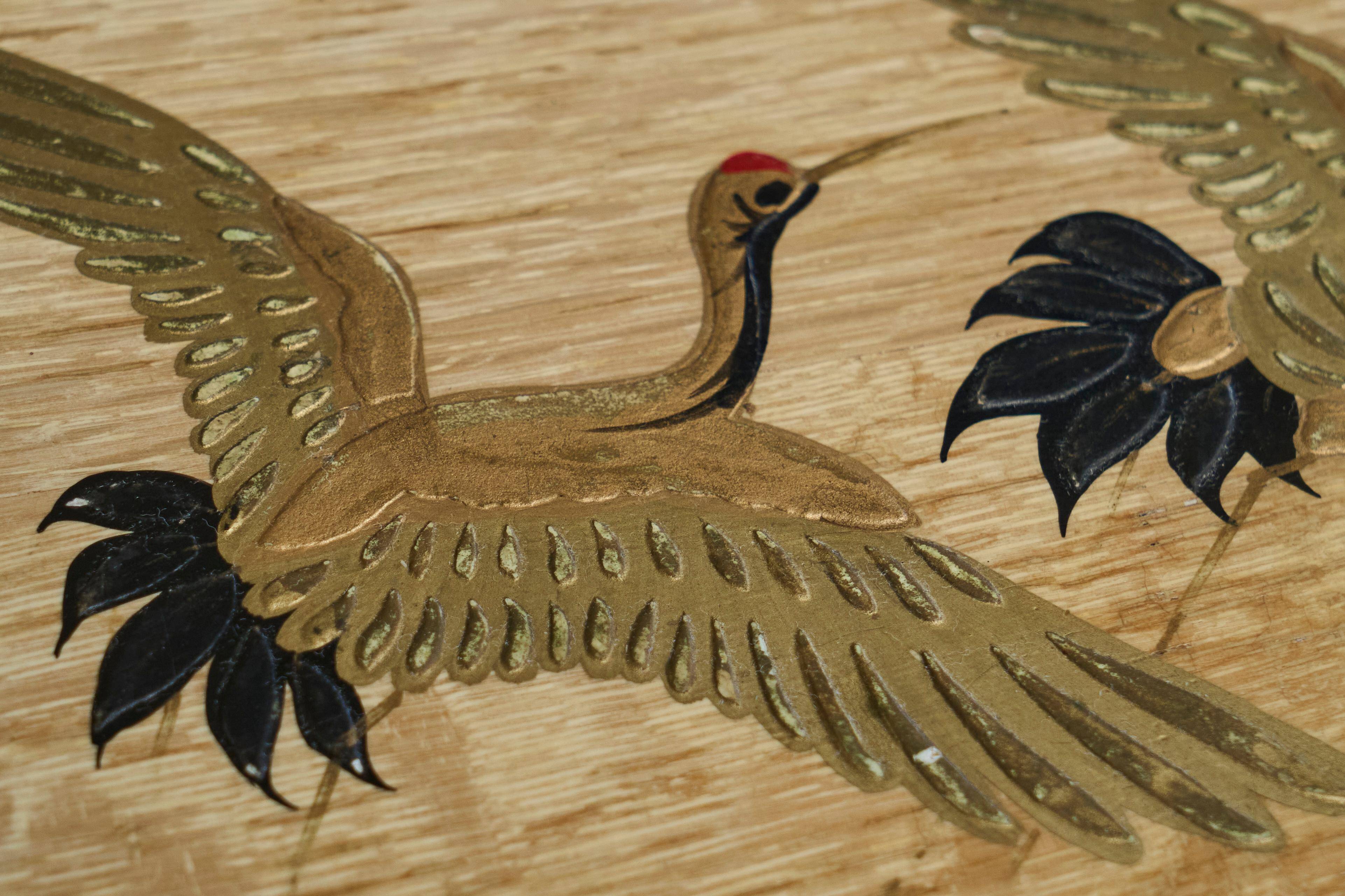 Art Deco wooden and brass plateau with birds and foliage, 1940s