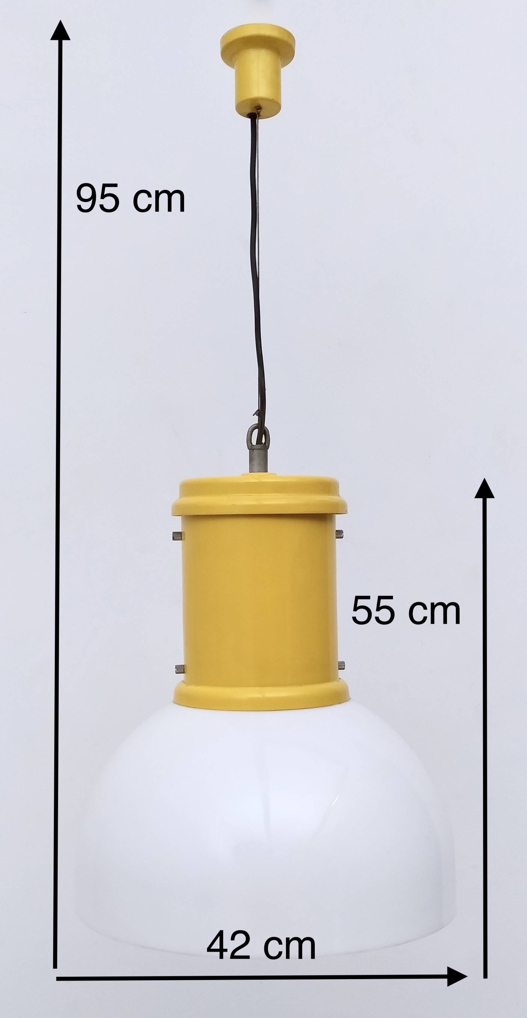 Industrial White Plexiglass and Yellow Varnished Aluminum Pendant, Italy